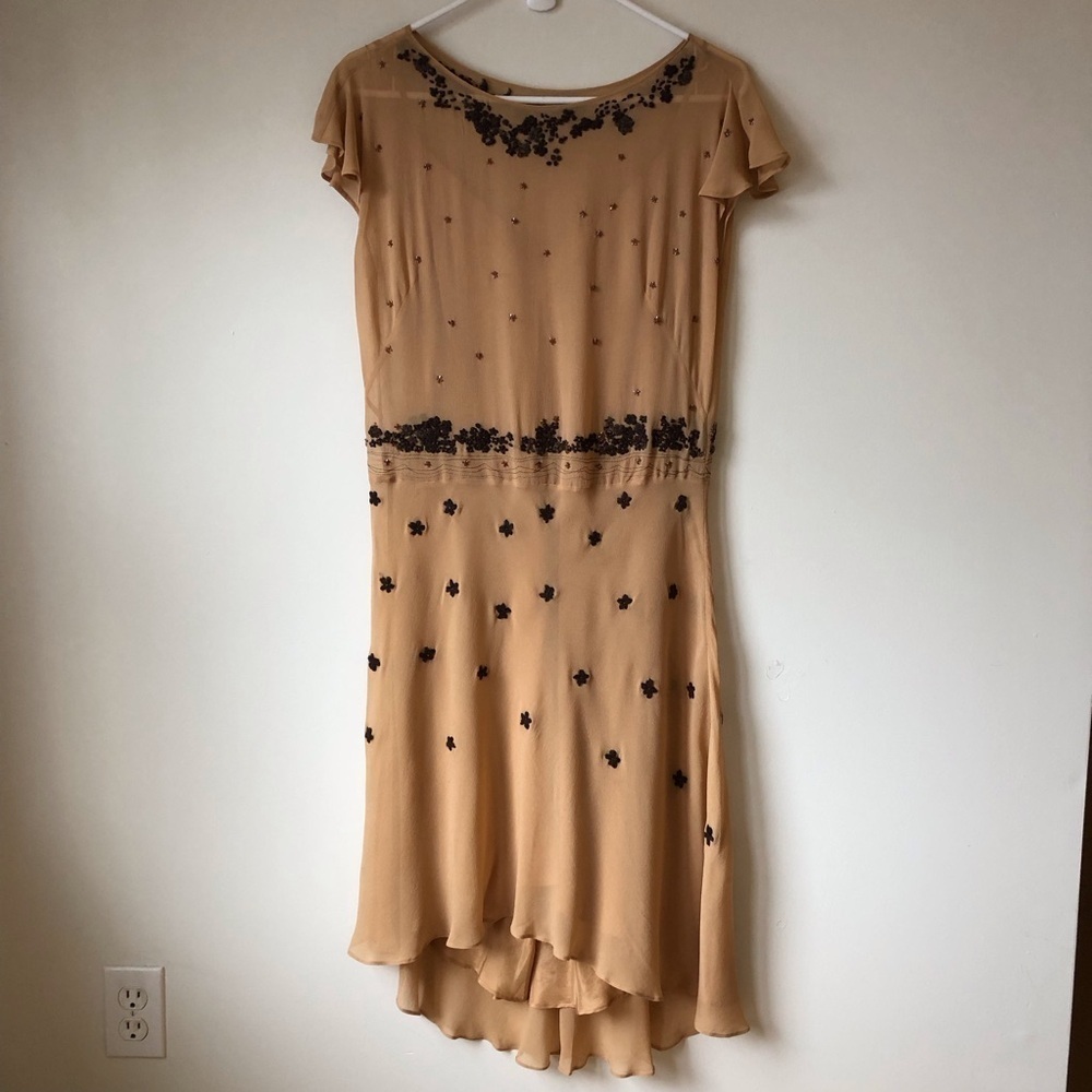 Max Studio fairiecore silk dress flutter sleeves beaded embroidered lined